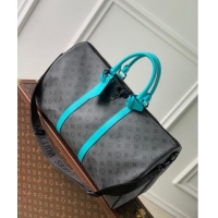 Top Grade Louis Vuitton Keepall Bandoulière 50 Bag in Grey Monogram Eclipse Canvas M11481 Turquoise Blue 2024