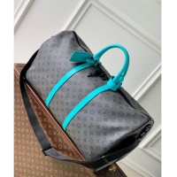 Top Grade Louis Vuitton Keepall Bandoulière 55 Bag in Grey Monogram Eclipse Canvas M11481 Turquoise Blue 2024