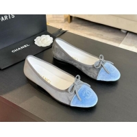 Top Design Chanel Velvet Ballet Flats Light Grey/Blue 7230039