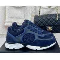 Shop Cheap Chanel Wool Tweed, Calfskin & Suede Sneakers Navy Blue 7230061