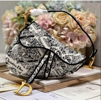 Super Quality Dior Medium Saddle Bag in Plan De Paris Embroidery M0158L White/Black 2024