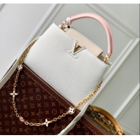 Shop Grade Louis Vuitton Capucines MM Bag with Flower Chain in Taurillon Leather M20708 White/Pink 2024