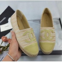 Charming Chanel Tweed & Lambskin Espadrilles Flat Lemon Green 815117