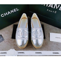 Buy Luxury Chanel Tweed & Lambskin Espadrilles Flat Silver 815119