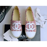 Shop Duplicate Chanel Tweed & Lambskin Espadrilles Flat Pink/White 815120