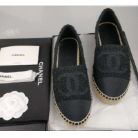 Top Grade Chanel Tweed & Grosgrain Espadrilles Flat Black 815121