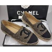 Classic Hot Chanel Tweed & Grosgrain Espadrilles Flat Gold/Black 815123