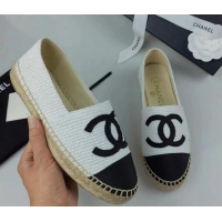 Top Design Chanel Tweed & Grosgrain Espadrilles Flat White/Black 815124