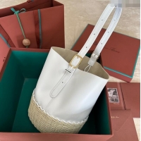 Top Quality Loro Piana Cedar Bucket bag in Supple Calfskin and Wicker L6135 White 2024