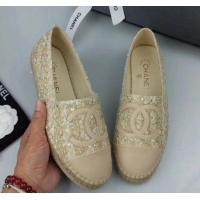 Luxurious Chanel Tweed, Sequins and Lambskin Espadrilles Flat Beige 816007