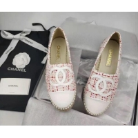 Top Design Chanel Tweed & Lambskin Espadrilles Flat Pink/White 816017