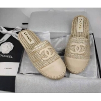 Pretty Style Chanel Tweed & Lambskin Espadrilles Mules Beige 816016