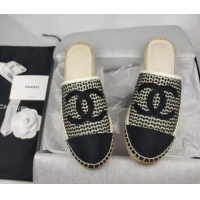 Stylish Chanel Woven & Grosgrain Espadrille Mules Flat Black 816014