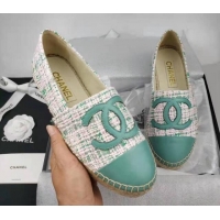 Unique Style Chanel Tweed & Lambskin Espadrilles Flat Green 816018