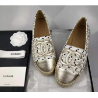 Luxury Discount Chanel Tweed & Grosgrain Espadrilles Flat White/Gold 816025