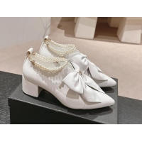 Grade Quality Chanel Calfskin Heel Ankle Boots 5.5cm with Maxi Bow and Pearls White 816055