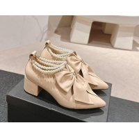 Best Grade Chanel Calfskin Heel Ankle Boots 5.5cm with Maxi Bow and Pearls Beige 816056