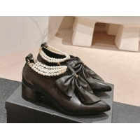 Popular Style Chanel Calfskin Heel Ankle Boots 5.5cm with Maxi Bow and Pearls Black 816057