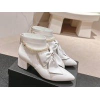 Good Product Chanel Calfskin Heel Ankle Boots 5.5cm with Maxi Bow and Pearls White 816058