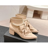 Stylish Chanel Calfskin Heel Ankle Boots 5.5cm with Maxi Bow and Pearls Beige 816059