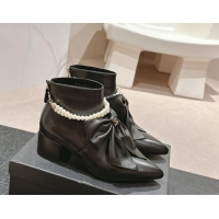 Sophisticated Chanel Calfskin Heel Ankle Boots 5.5cm with Maxi Bow and Pearls Black 816060