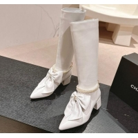 Hot Style Chanel Calfskin Heel High Boots 5.5cm with Maxi Bow and Pearls White 816061