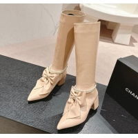 Sumptuous Chanel Calfskin Heel High Boots 5.5cm with Maxi Bow and Pearls Beige 816062