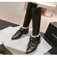 Stylish Chanel Calfskin Heel High Boots 5.5cm with Maxi Bow and Pearls Black 816063