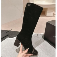 Buy Luxury Chanel Suede Heel High Boots with Chain Black 816075