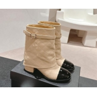 Good Product Chanel Calfskin Heel Ankle Boots with Foldover and Buckle Strap Beige 816078