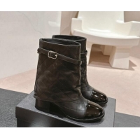 Duplicate Chanel Calfskin Heel Ankle Boots with Foldover and Buckle Strap Beige 816079