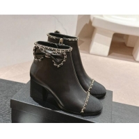 Unique Discount Chanel Calfskin Heel Ankle Boots with Chain and Bow Black 816087