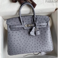 Spot Bulk Hermes Birkin 25cm Bag in Ostrich Leather H0025 Agate Grey/Silver 2024 (Full Handmade)