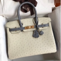 Market Sells Hermes Birkin 25cm Bag in Ostrich Leather H0025 Glacier White/Agate Grey/Gold 2024 (Full Handmade)