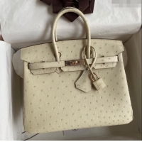 Stylish Hermes Birkin 25cm Bag in Ostrich Leather H0025 Wool White/Pink Gold 2024 (Full Handmade)