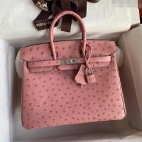 Market Sells Hermes Birkin 25cm Bag in Ostrich Leather H0025 Ceramic Pink/Silver 2024 (Full Handmade)