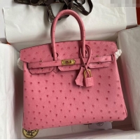 Grade Quality Hermes Birkin 25cm Bag in Ostrich Leather H0025 Bubble Pink/Gold 2024 (Full Handmade)