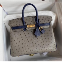 New Cheap Hermes Birkin 25cm Bag in Ostrich Leather H0025 Turtledove Grey/Blue/Silver 2024 (Full Handmade)