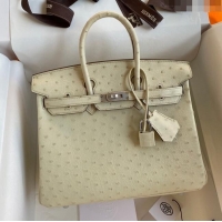 Original Cheap Hermes Birkin 25cm Bag in Ostrich Leather H0025 Wool White/Silver 2024 (Full Handmade)