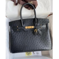 Modern Classic Hermes Birkin 25cm Bag in Ostrich Leather H0025 Black/Gold 2024 (Full Handmade)