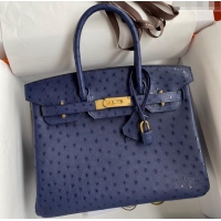 Buy New Cheap Hermes Birkin 25cm Bag in Ostrich Leather H0025 Blue/Gold 2024 (Full Handmade)