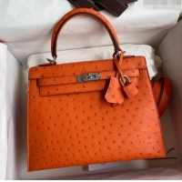 Discount Hermes Kelly 25cm Bag in Ostrich Leather H0025 Orange/Silver 2024 (Full Handmade)