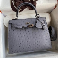 Buy New Hermes Kelly 25cm Bag in Ostrich Leather HK025 Agate Grey/Silver 2024 (Full Handmade)