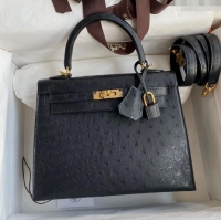 Shop Classic Hermes Kelly 25cm Bag in Ostrich Leather HK025 Black/Gold 2024 (Full Handmade)