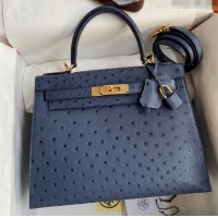 Buy Sophisticated Hermes Kelly 25cm Bag in Ostrich Leather HK025 Blue/Gold 2024 (Full Handmade)