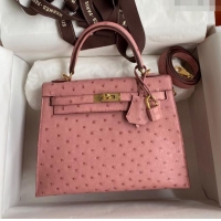 Famous Brand Hermes Kelly 25cm Bag in Ostrich Leather HK025 Ceramic Pink/Gold 2024 (Full Handmade)