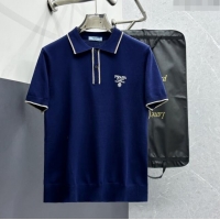 New Arrivals Prada Knit Polo T-shirt P72618 Blue 2024 (For Men)