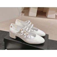 Pretty Style Chanel Patent Calfskin Mary Janes Pumps with Trible Buckle Strap White 816123