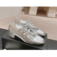 Popular Style Chanel Calfskin Mary Janes Pumps with Trible Buckle Strap Silver 816124