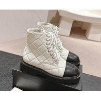 Best Grade Chanel Quilted Calfskin Lace up Ankle Boots White 816129